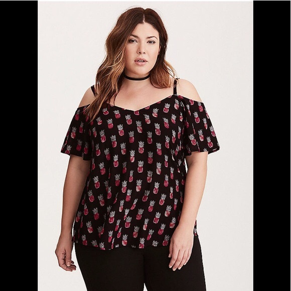 torrid Tops - Torrid Black Pineapple Print Cold Shoulder Blouse
